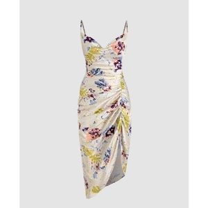 Illusion Floral Ruched Cowl Neck Midi Dress